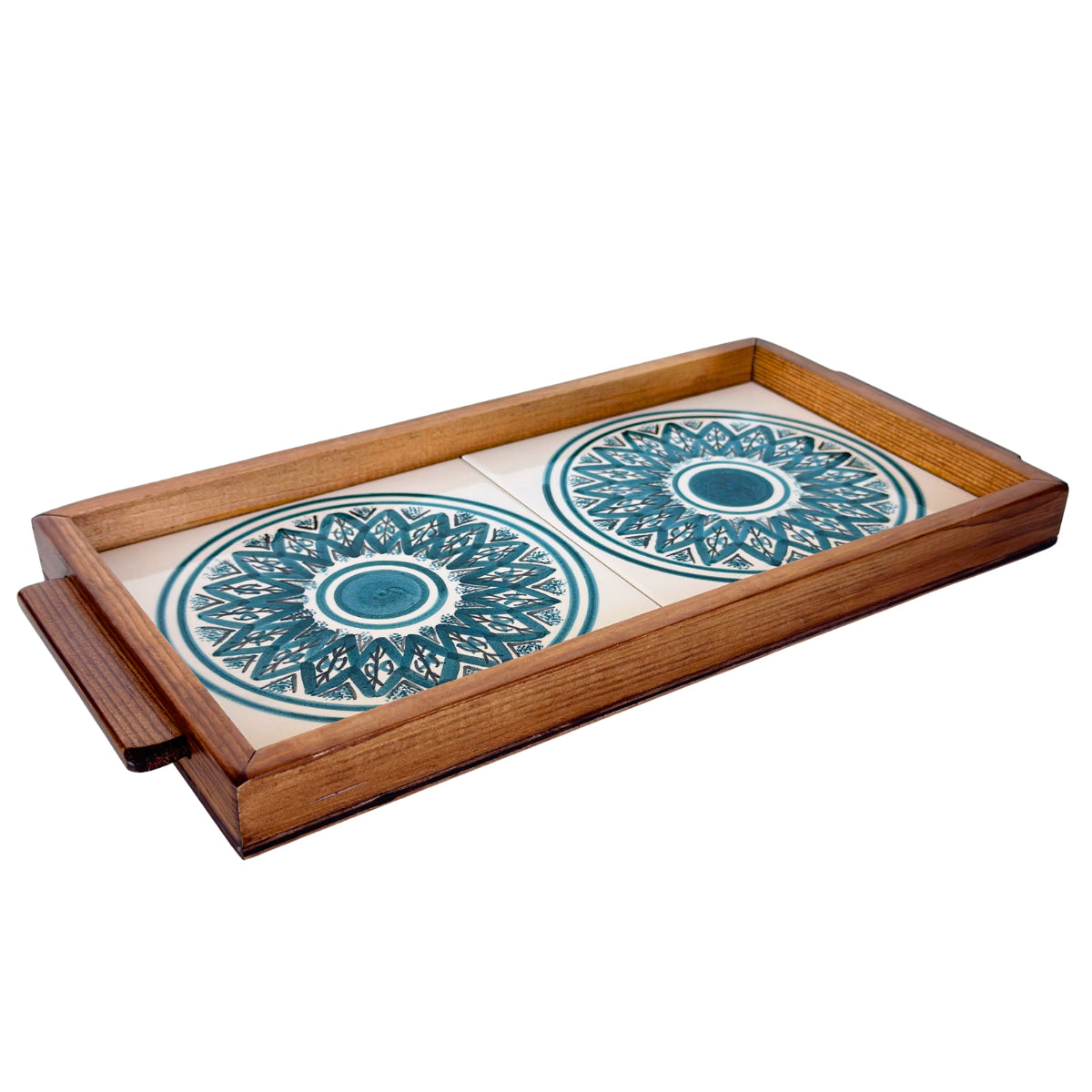 Ceramic & Wood Serving 2 Tile Tray - Teal Arabesque