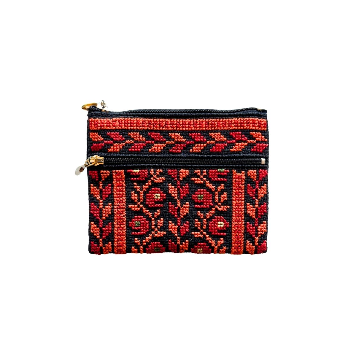 Embroidered Two Zipper Coin Purse - Ruby