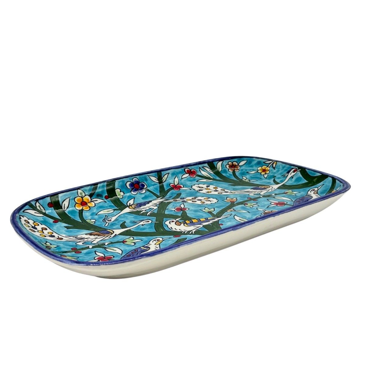 Ceramic Rectangular Serving Plate (13”) - Light Blue Tree Peacocks