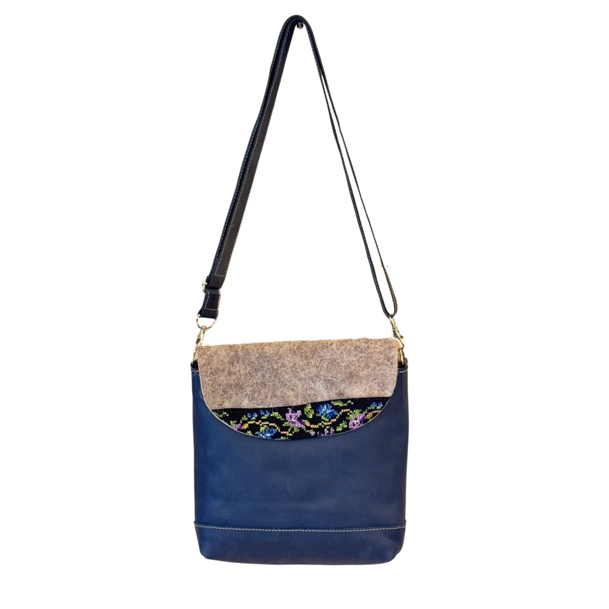 Leather Purse w/Felt & Embroidery (9”x11”)- Dark Blue