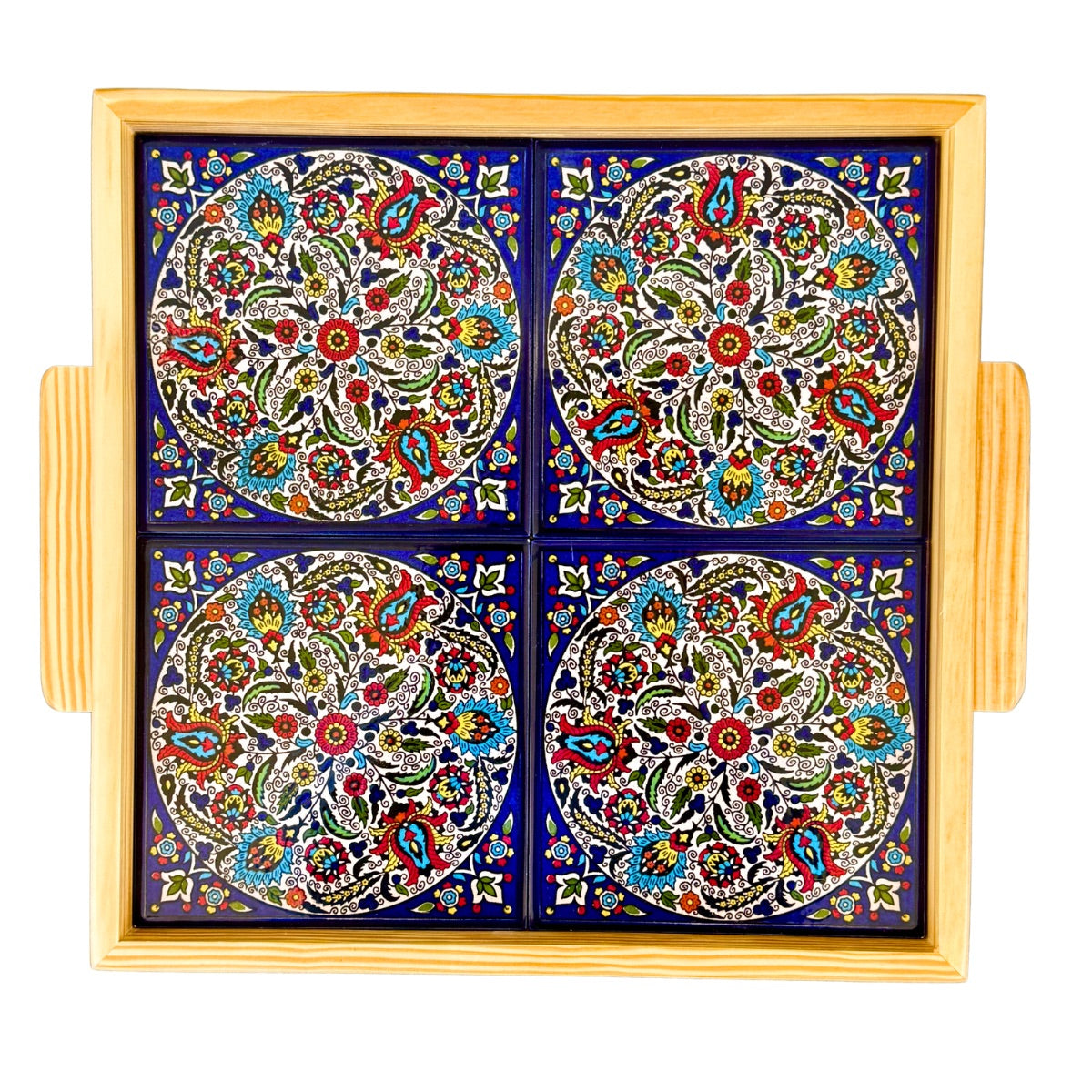 Ceramic and Wood Serving Tray - Arabesque Tulips