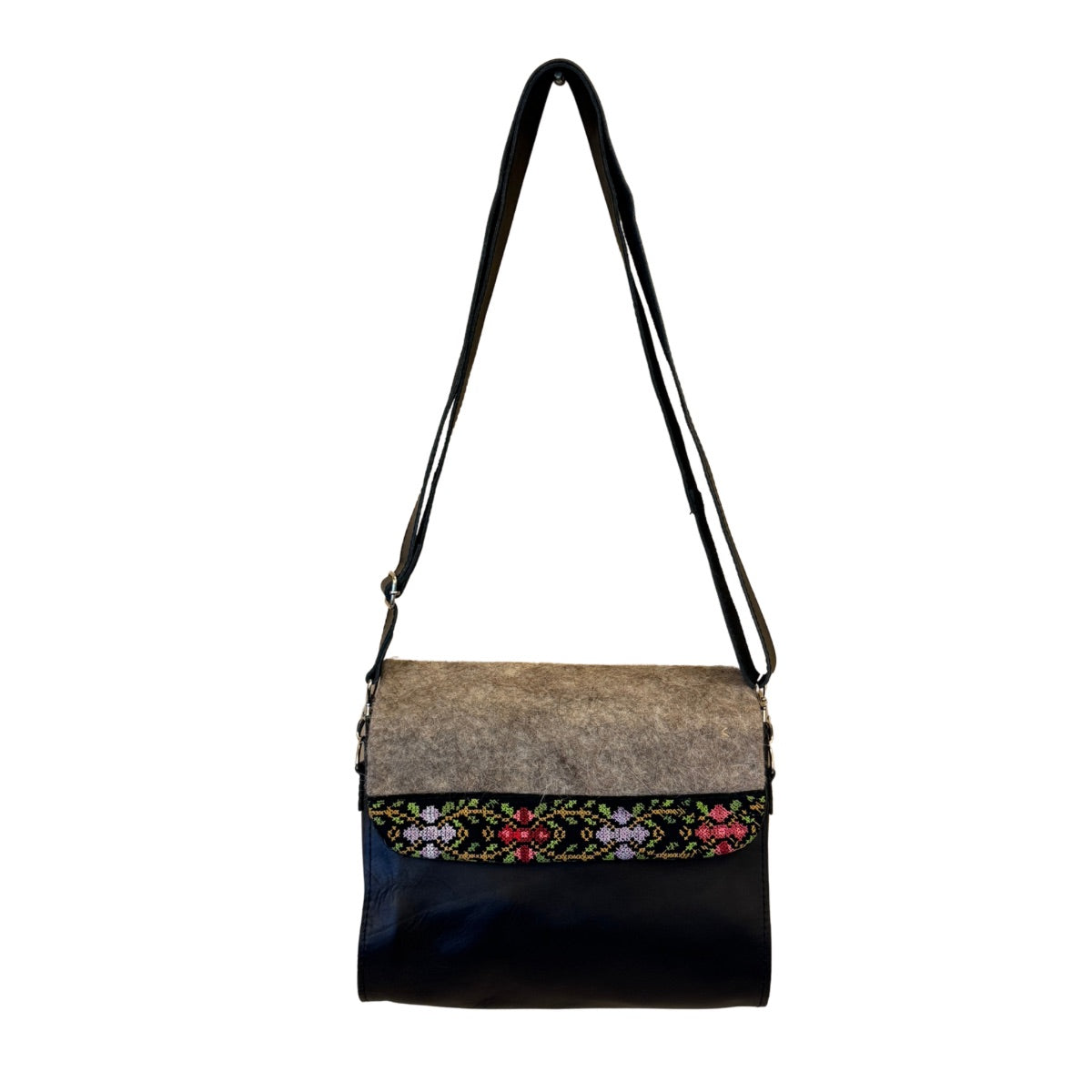 Leather Purse w/Felt & Embroidery - Black