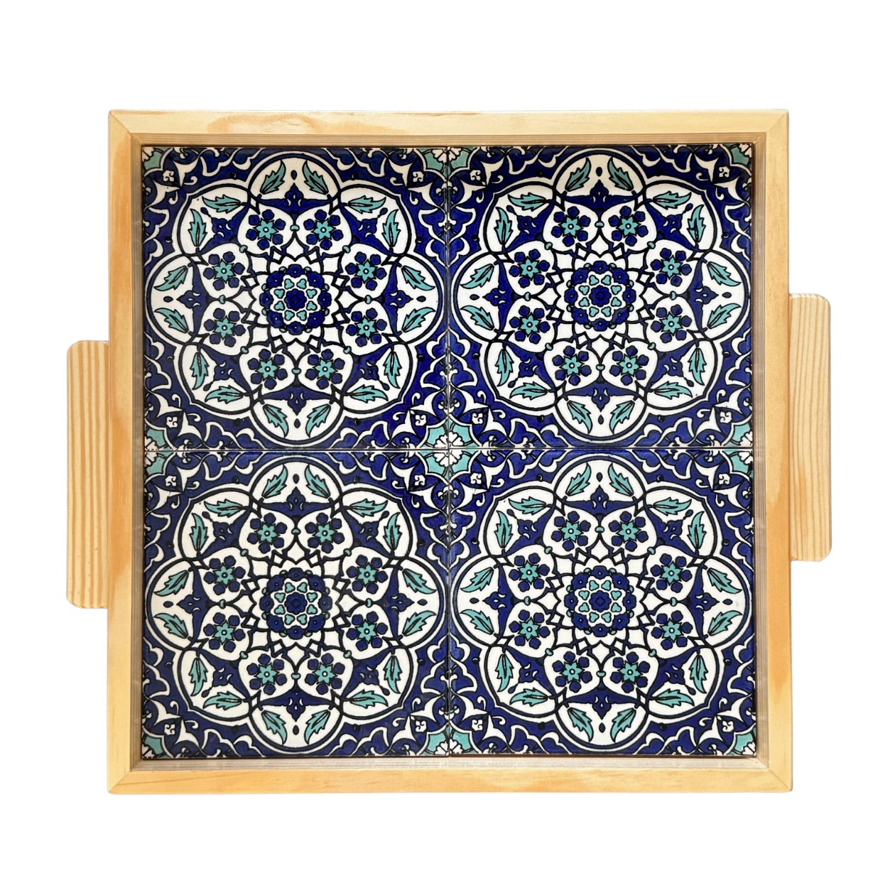 Ceramic and Wood Serving Tray - Aqua & Blue Circles