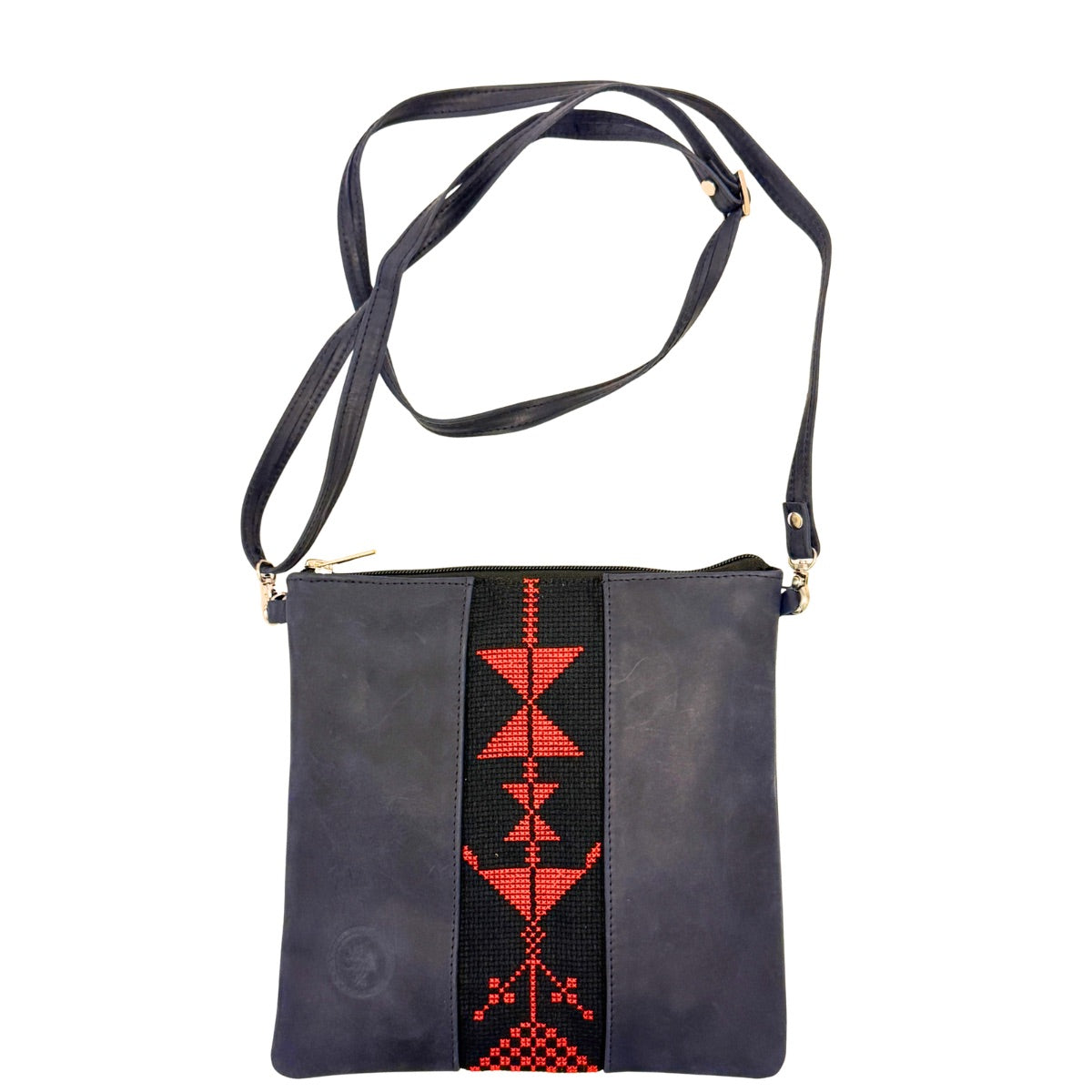 Leather Cross Body Bag w/Embroidery - Blue