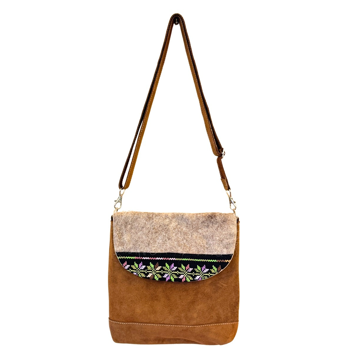 Suede Purse w/Felt & Embroidery (9”x11”)- Brown