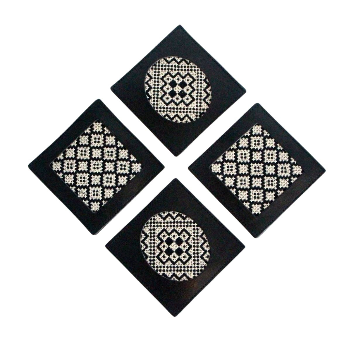 Leather Tatreez Coaster Set of 4 - Black & White