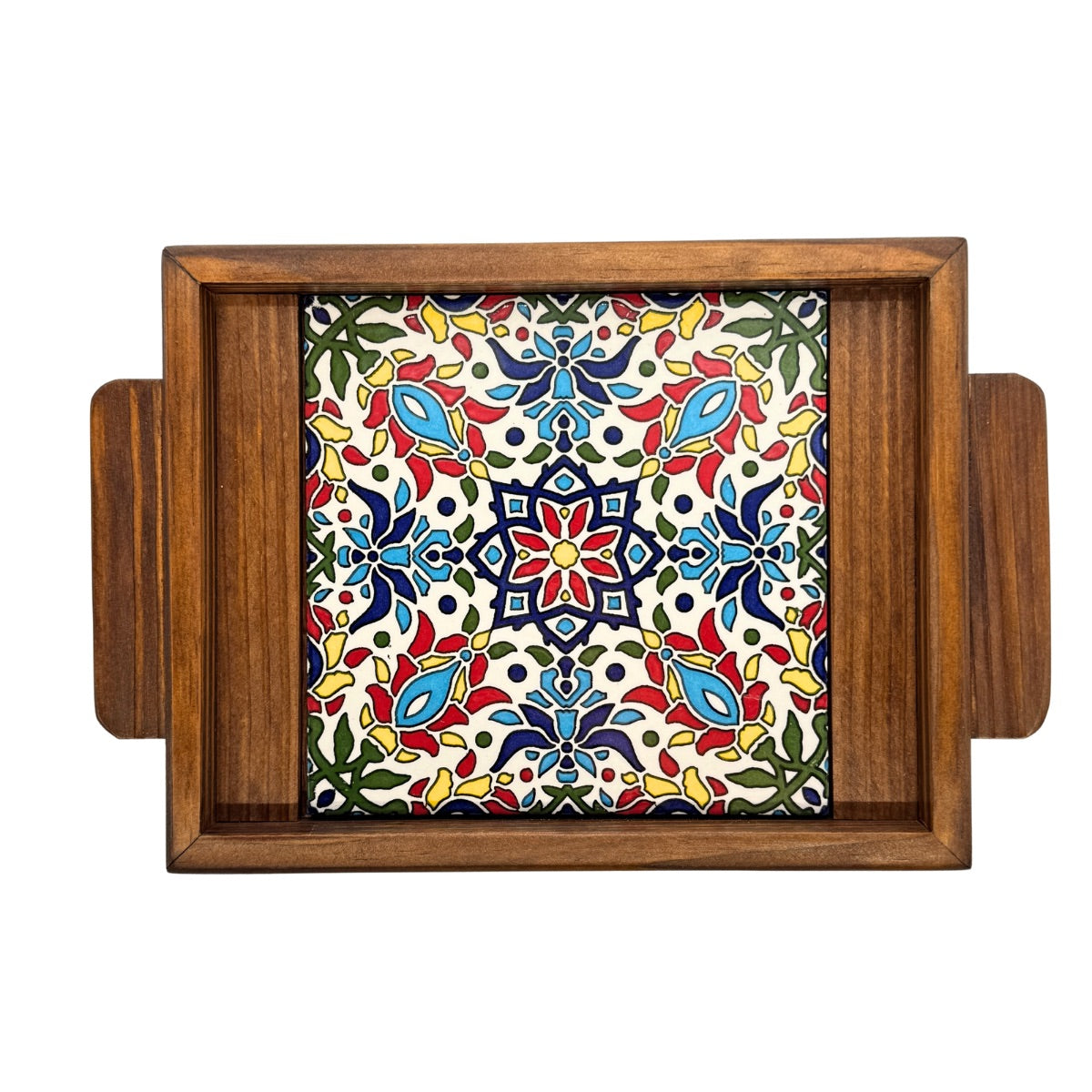 Ceramic & Wood Serving Tray, One Tile - Geometric Garden