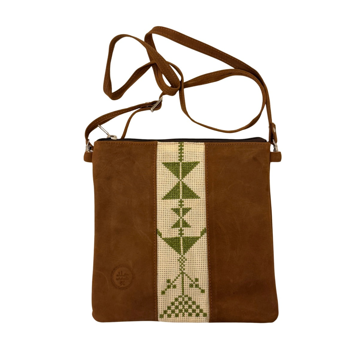 Leather Cross Body Bag w/Embroidery - Brown