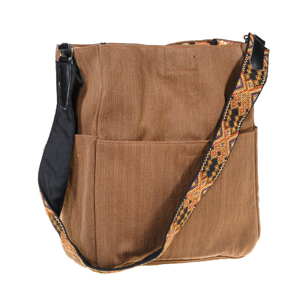 Shoulder Bucket Bag w/Embroidered Strap - Brown