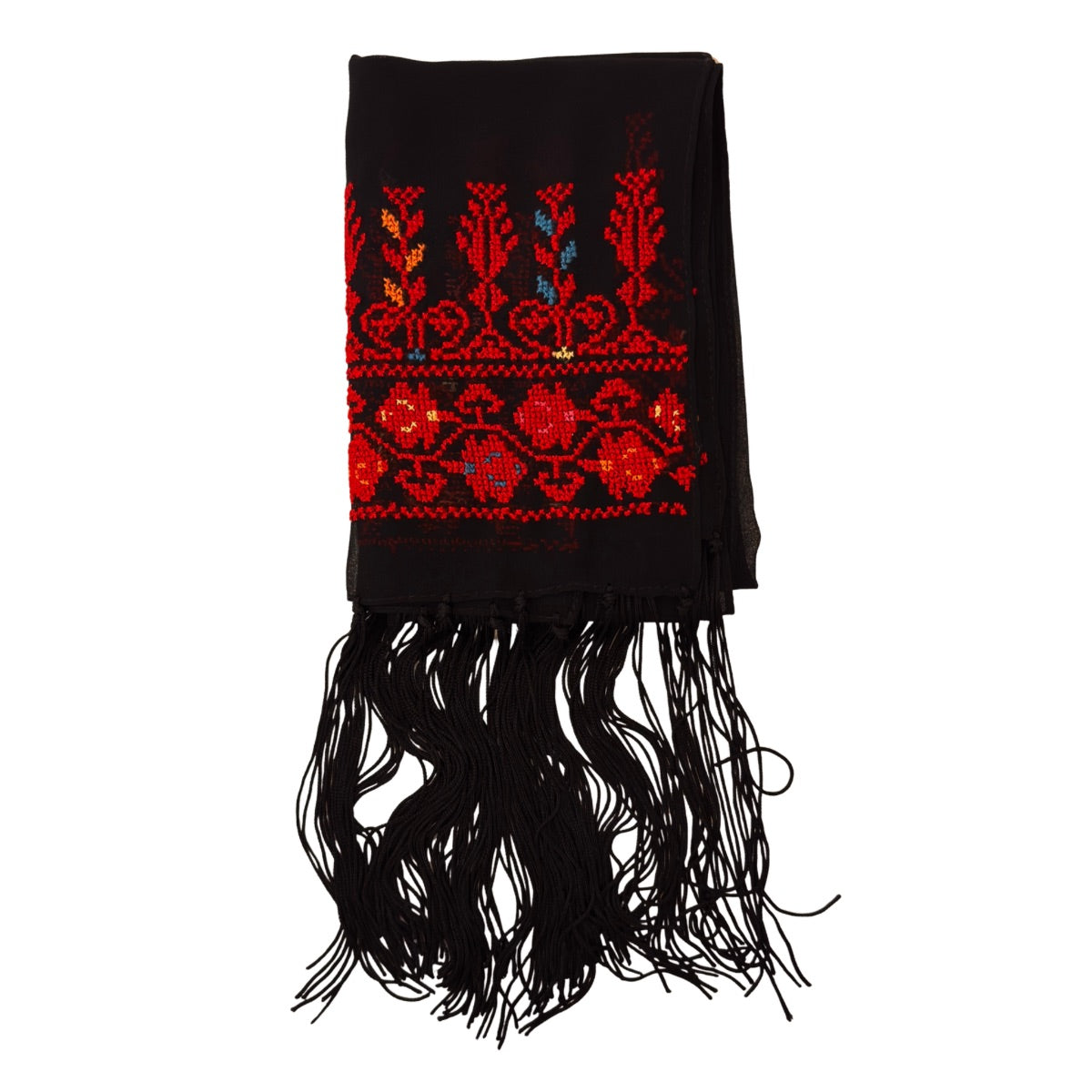 Embroidered Chiffon Scarf - Red Saru w/Fringe