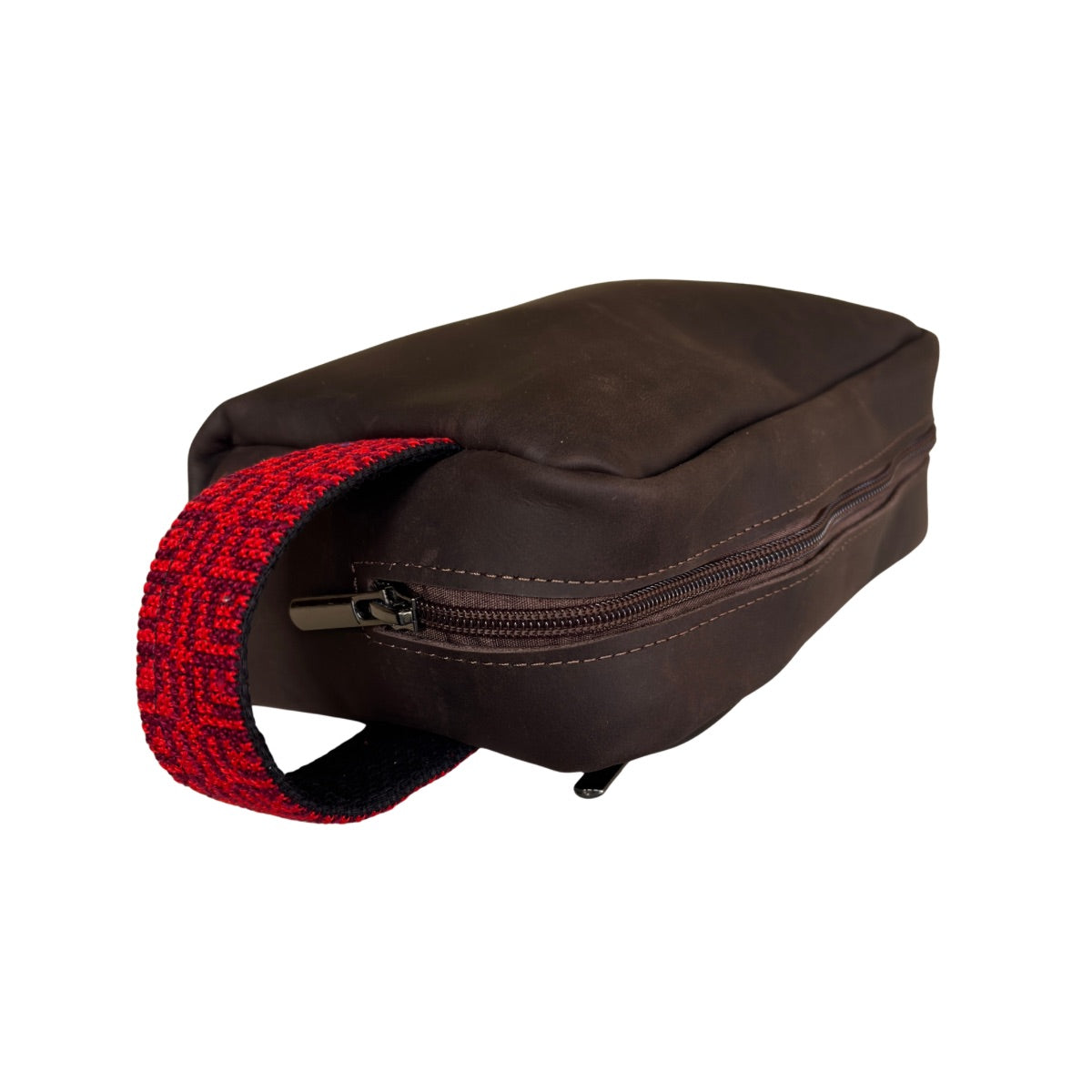 Leather Toiletry Bag w/Embroidery - Brown w/Red