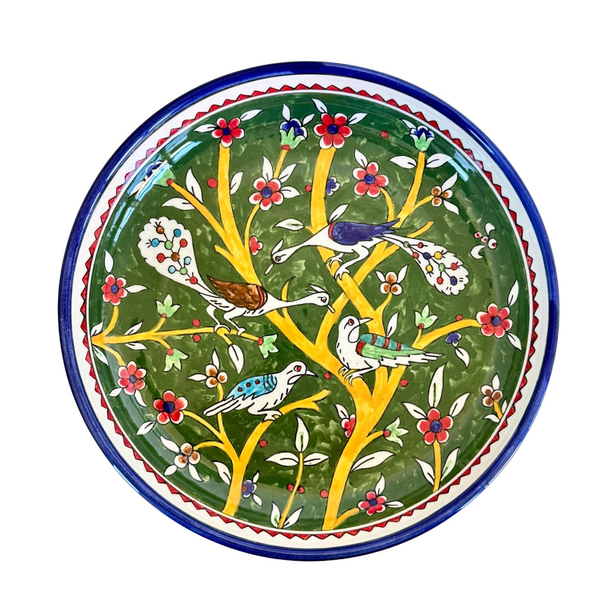 Ceramic Shallow Serving Bowl (11”) - Tree Birds, Green