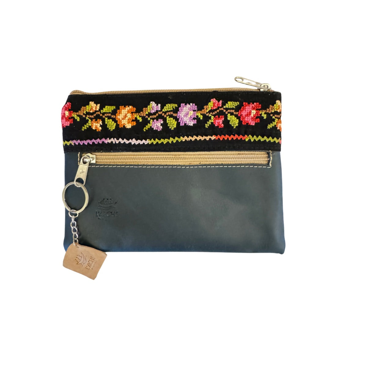Suede Purse w/Embroidery - Dark Blue Floral