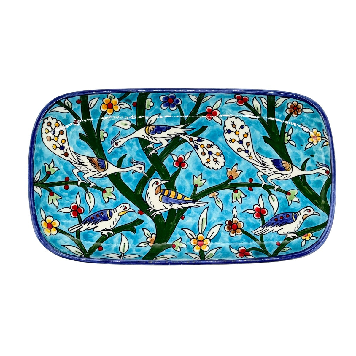 Ceramic Rectangular Serving Plate (13”) - Light Blue Tree Peacocks