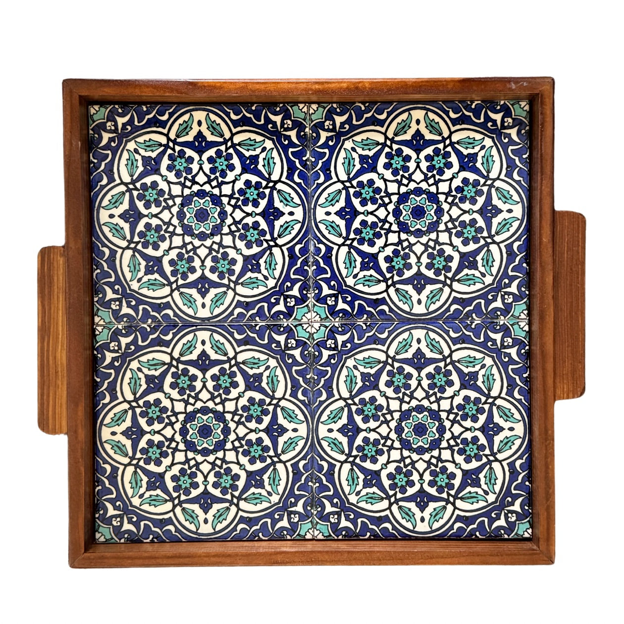 Ceramic and Wood Serving Tray - Aqua & Blue Circles
