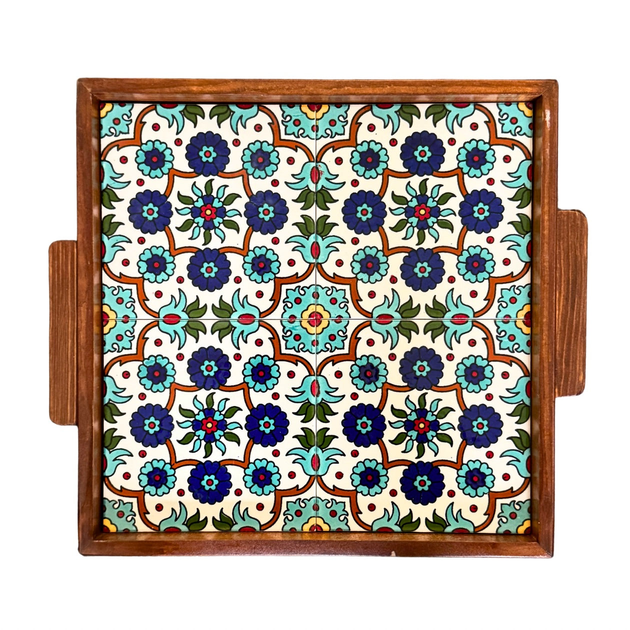 Ceramic and Wood Serving Tray - Aqua Geometric