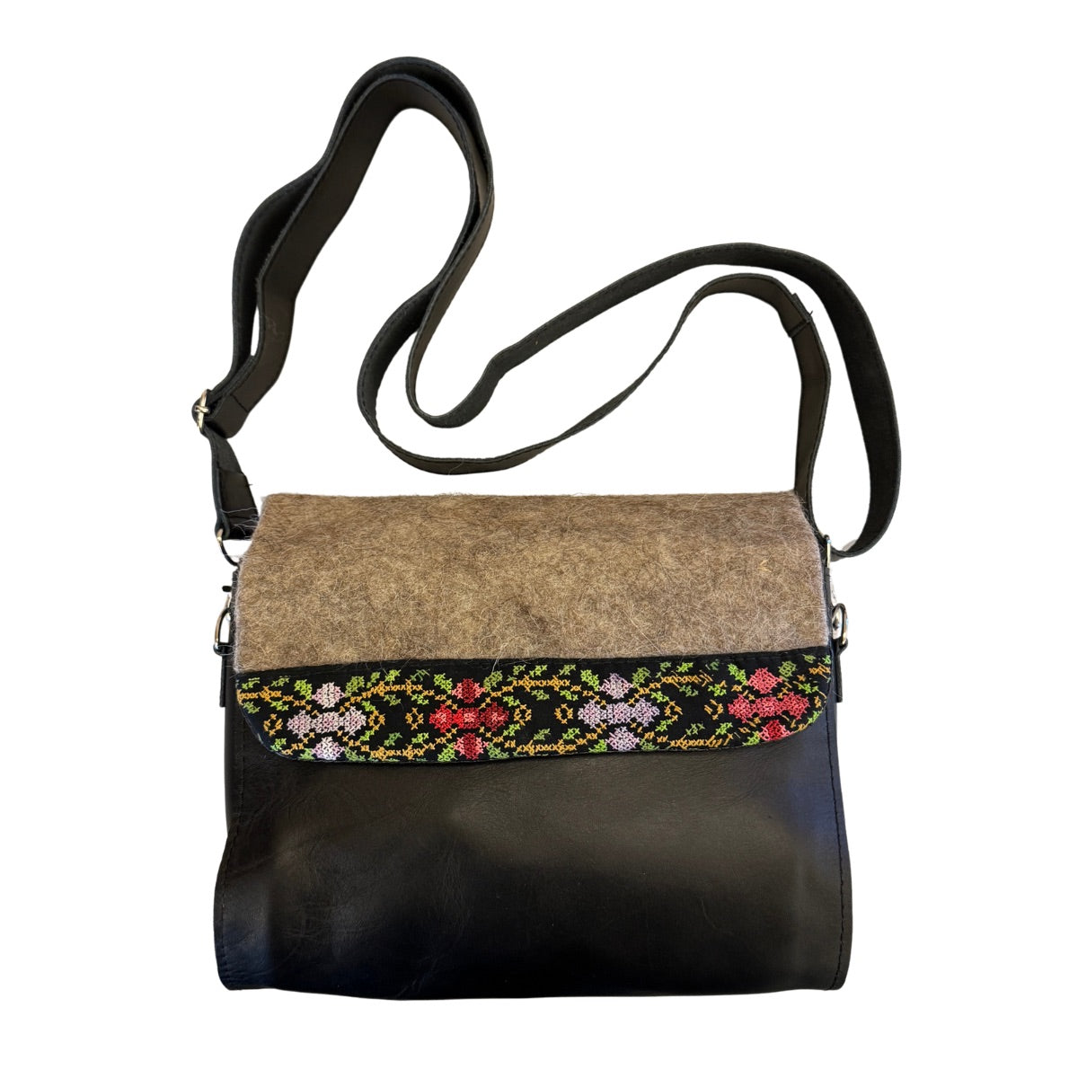 Leather Purse w/Felt & Embroidery - Black
