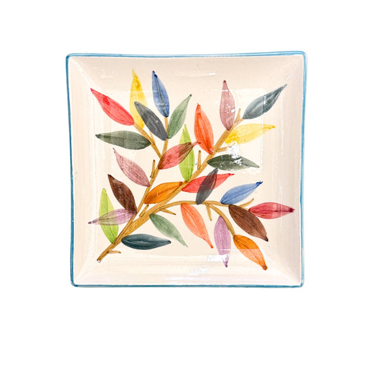 Ceramic Square Plate (7") - Leaves w/Blue