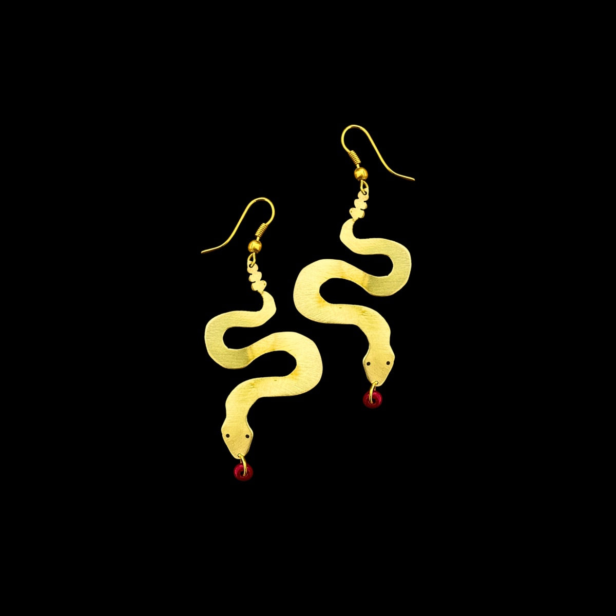 Brass Snake Earrings - Red