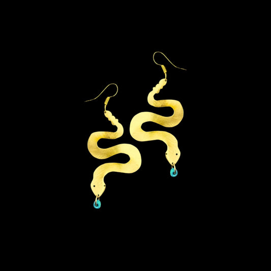 Brass Snake Earrings - Turquoise Beads