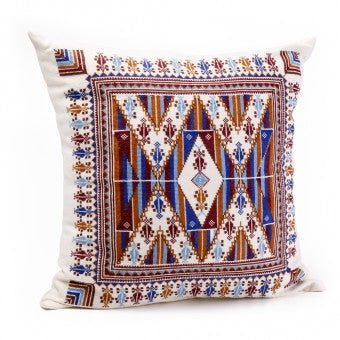 Embroidered Pillow Cover - Saru, Brown & Blue