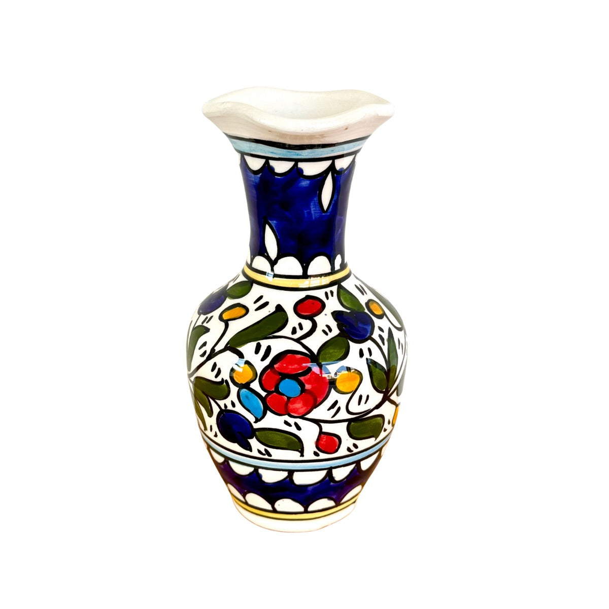 Ceramic Vase (7") - Multicolor w/Blue, Fluted