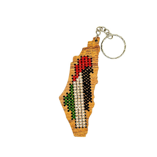 Embroidered Palestine Key Chain on Wood (finished)