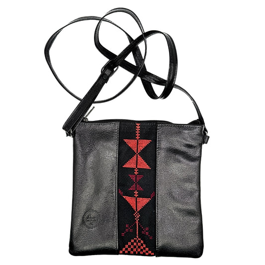 Leather Cross Body Bag Black with Red Embroidery