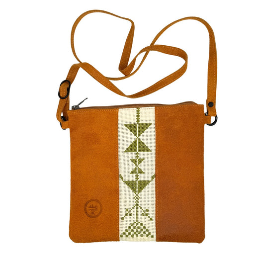 Cross Body Bag Tan Suede Leather with Green Embroidery