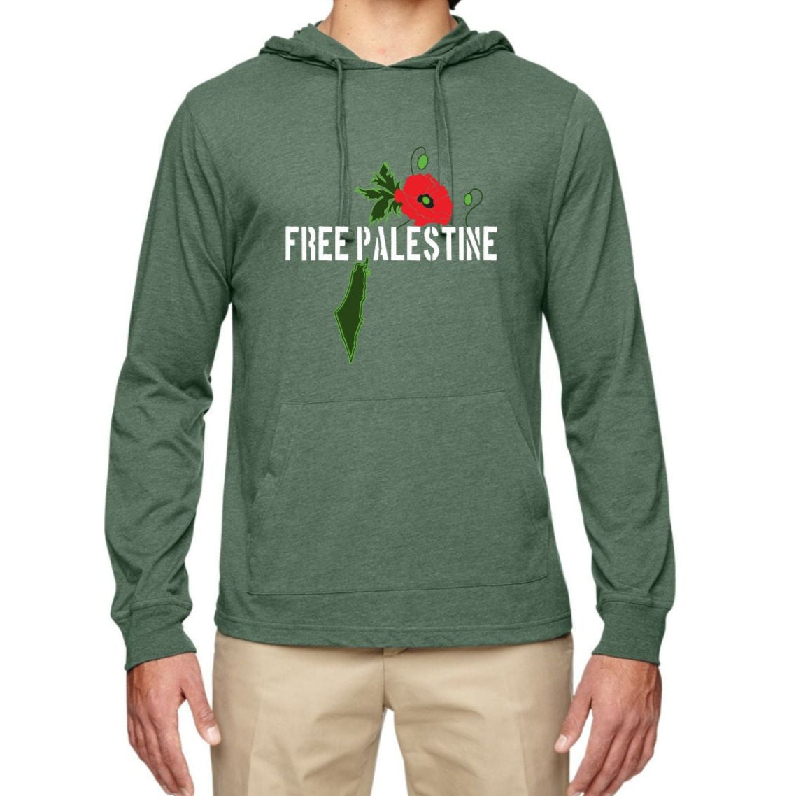 A person wearing a green hooded t-shirt with 'FREE PALESTINE' text and a floral design on the front.