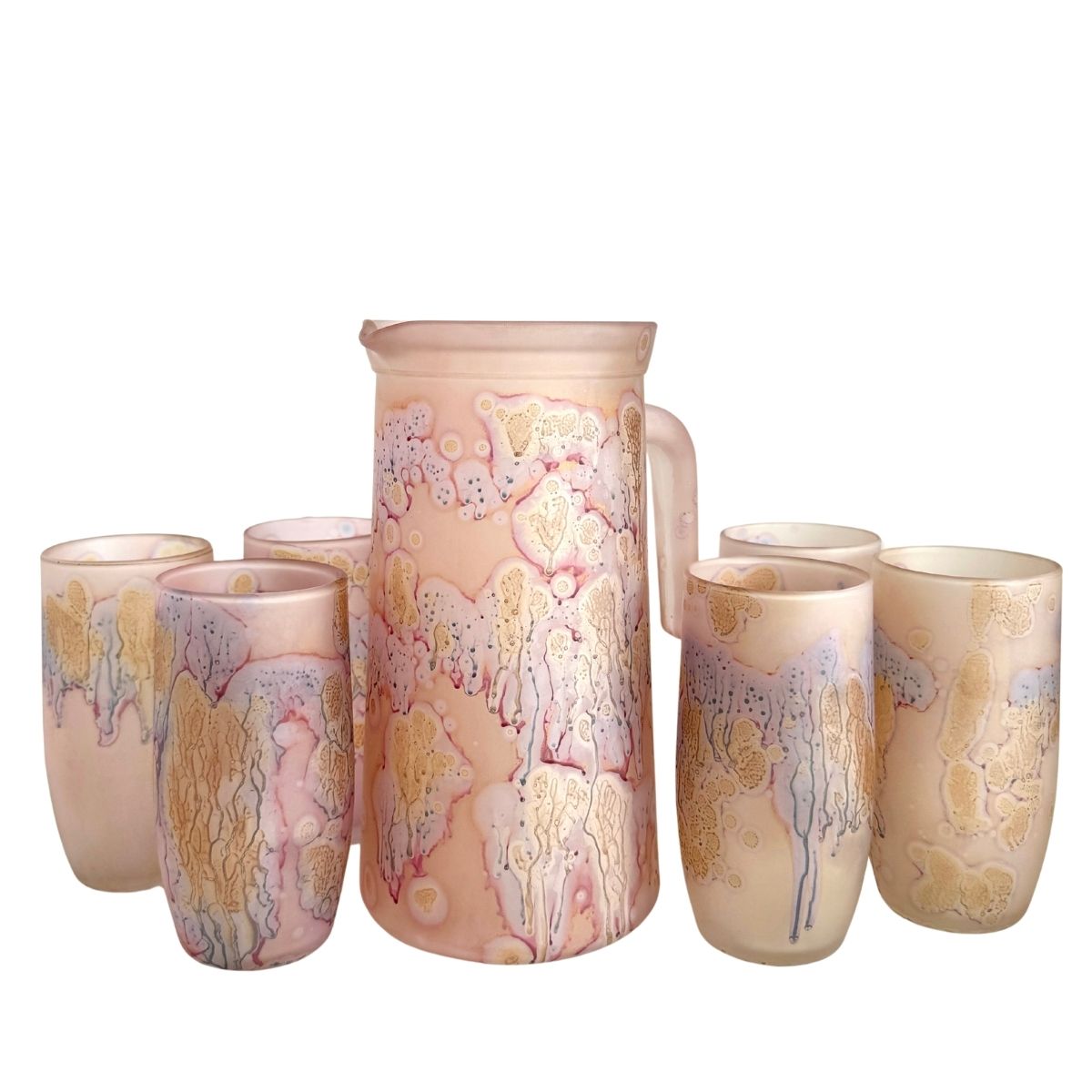 Pink Glass Pitcher and 6 tumblers