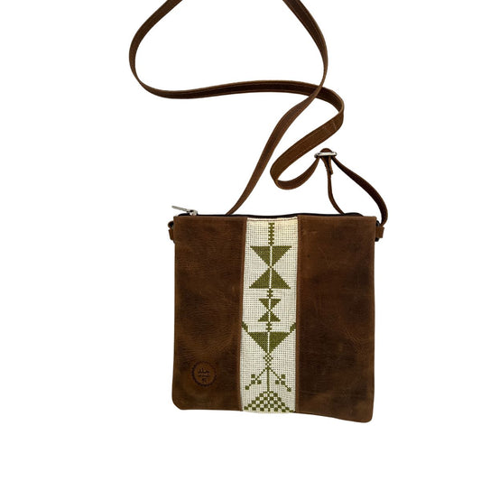 Leather Cross Body Bag w/Embroidery (Light Brown/Green)