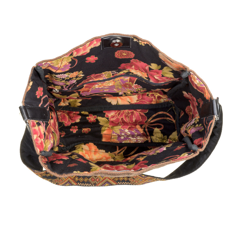 Shoulder Bucket Bag w/Embroidered Strap - Brown
