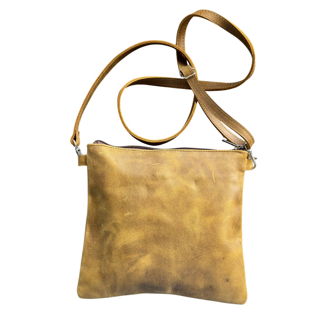 Leather Cross Body Bag w/Embroidery - Khaki