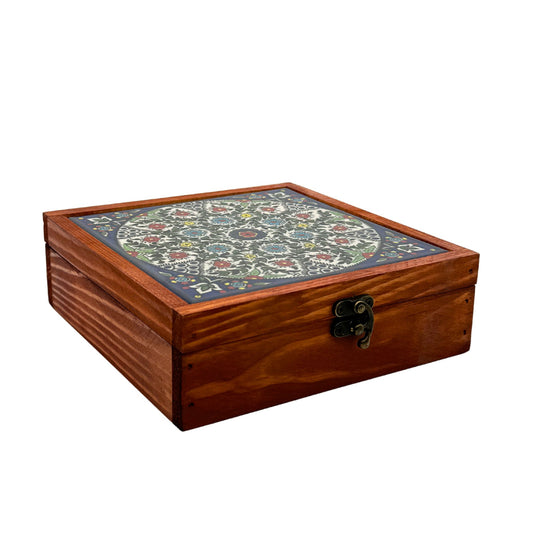 Wood & Ceramic Tile Box - Multicolored Vines