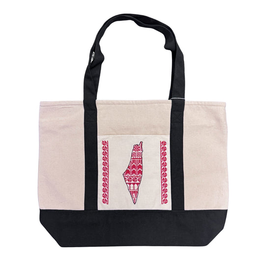 Embroidered Tote (Natural/Black) - Palestine Map