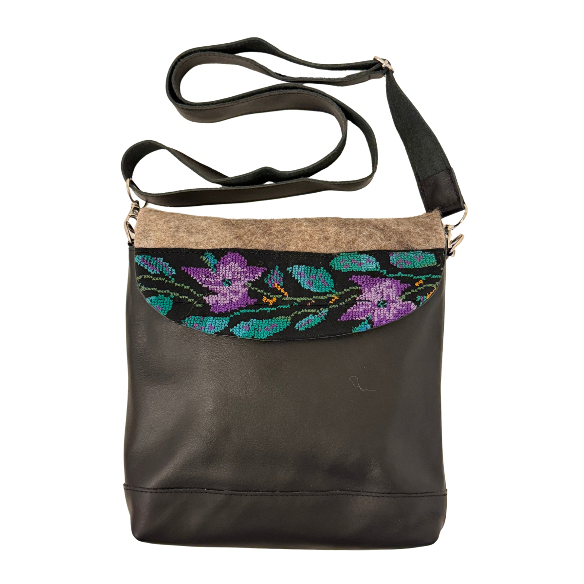 Leather Purse w/Felt & Embroidery - Black