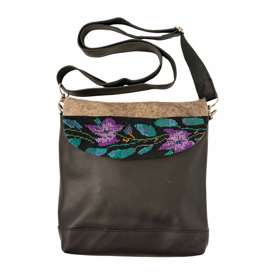 Leather Purse w/Felt & Embroidery - Black