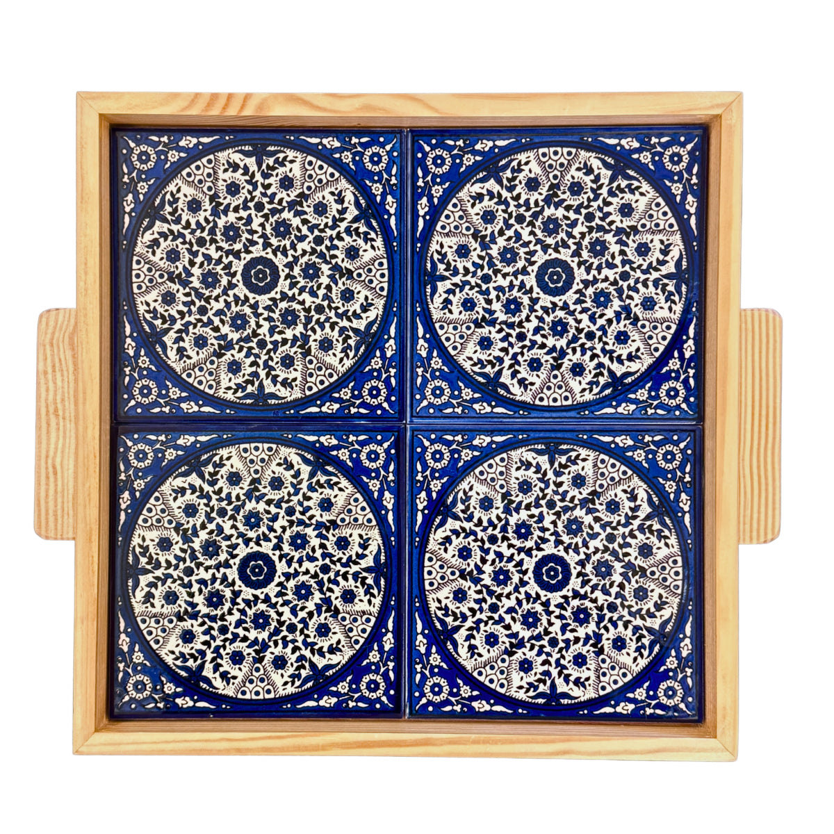 Ceramic and Wood Tray (4 Tile) - Blue Vine