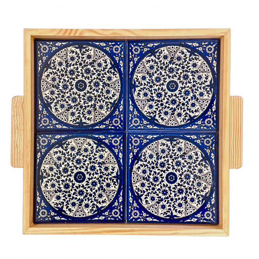 Ceramic and Wood Tray (4 Tile) - Blue Vine