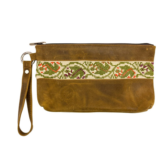 Leather Clutch w/Embroidery - Light Brown