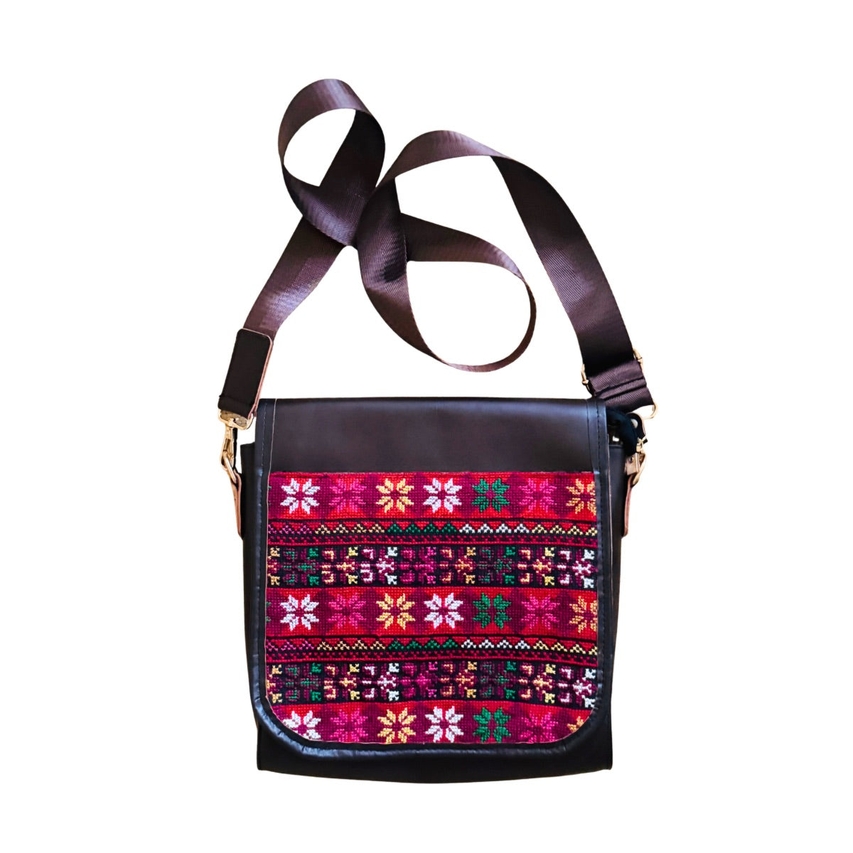 Embroidered Leather Bag (Brown) - Multicolor