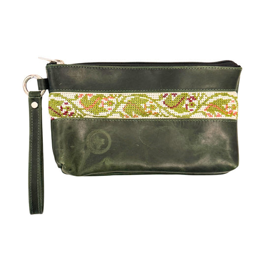 Leather Clutch w/Embroidery - Dark Green