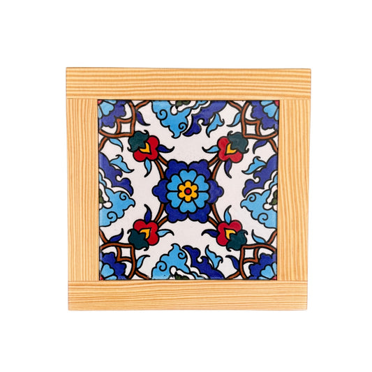 Ceramic and Wood Trivet - Blue Iznik