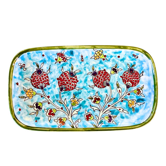 Ceramic Rectangular Serving Plate (12”) - Pomegranates, Aqua