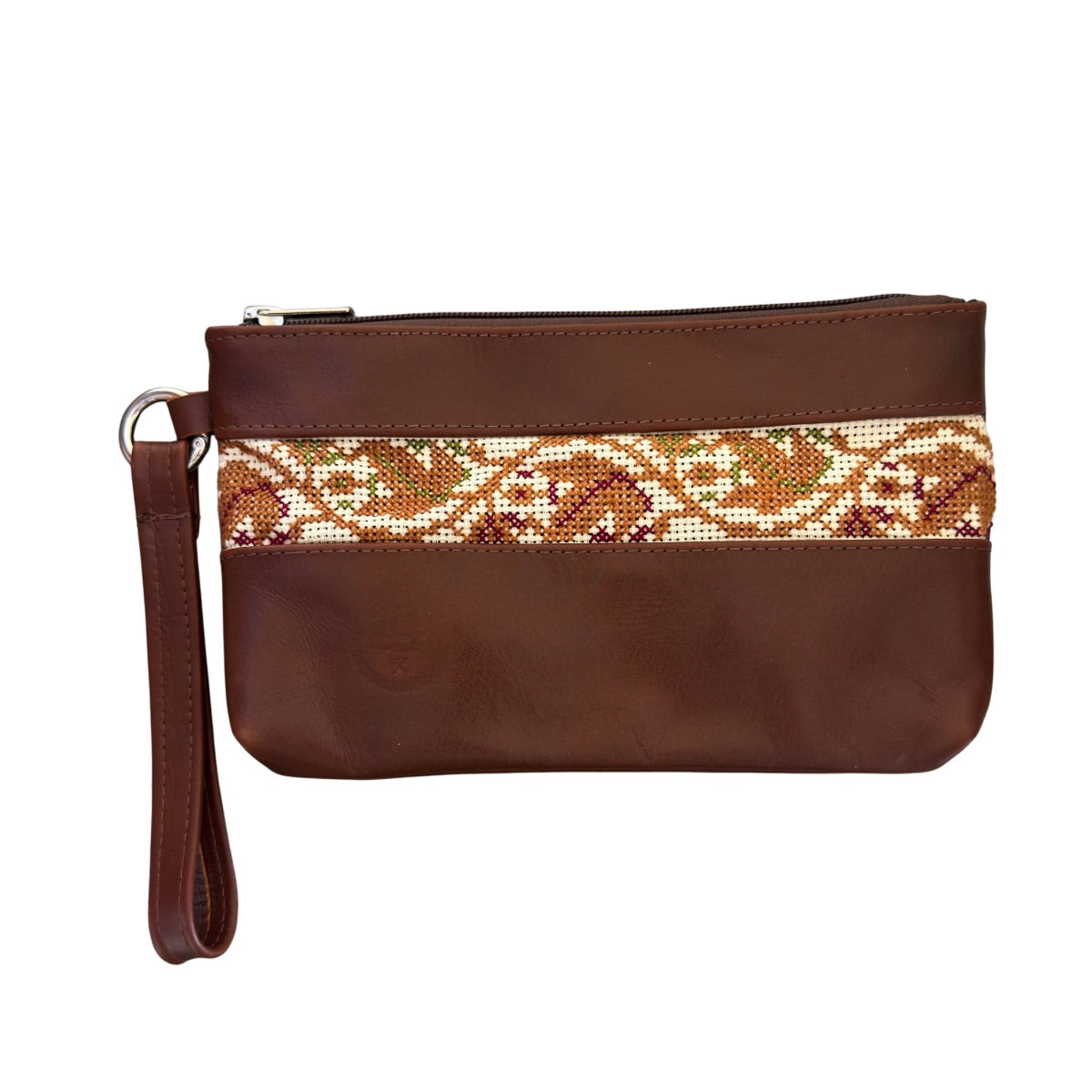 Leather Clutch w/Embroidery - Chestnut Brown