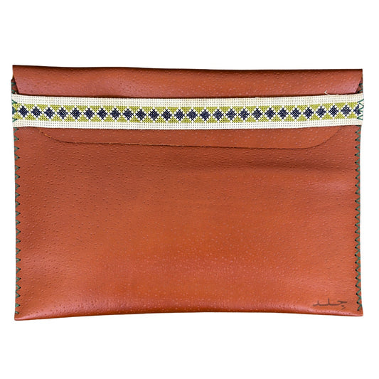 Leather Laptop Case - Cognac w/Green &  Blue Tatreez