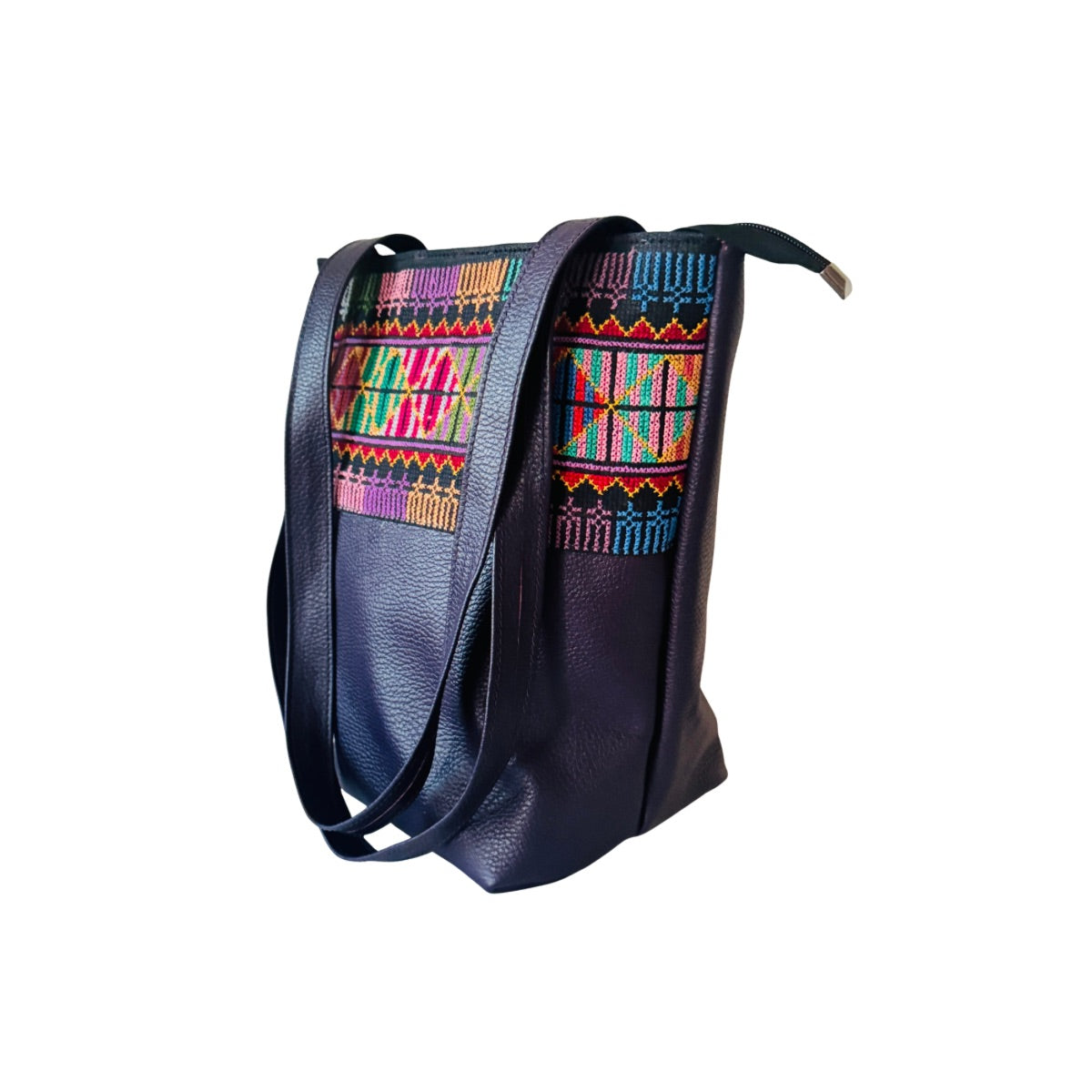 Embroidered Leather Bucket Bag (Plum) - Multicolor