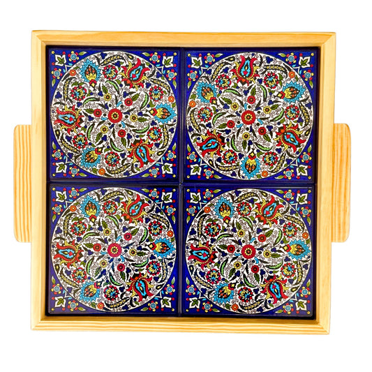 Ceramic and Wood Serving Tray - Arabesque Tulips