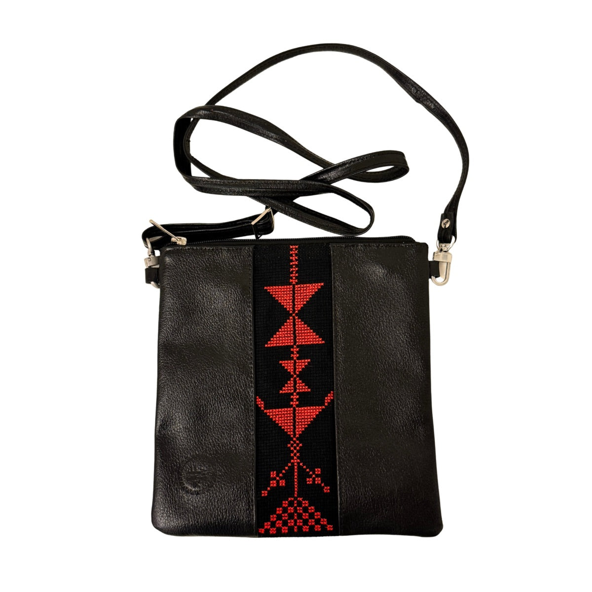 Leather Cross Body Bag w/Embroidery - Black